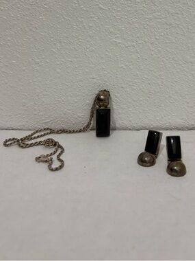 Sterling Silver 925 Adjustable Chain Onyx Pendant And Earrings Set